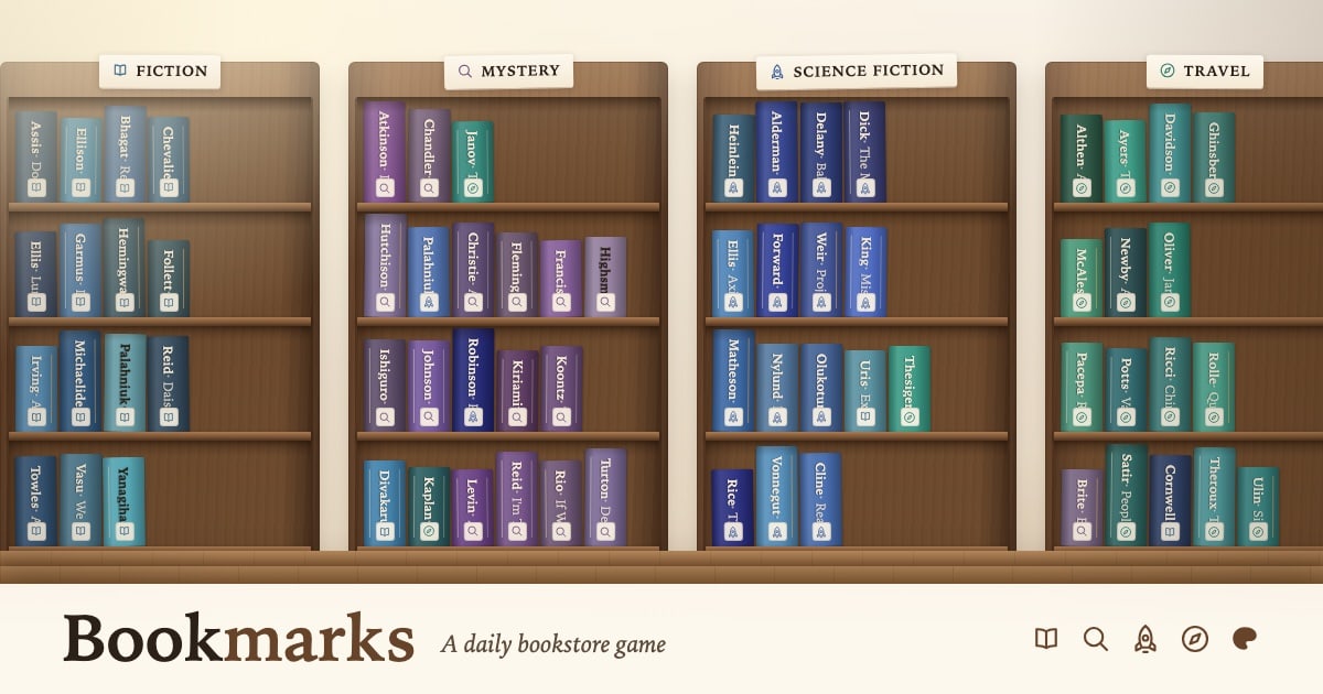 Bookmarks — wooden bookshop shelves of Fiction, Mystery, Science Fiction and Travel under hand-lettered signs