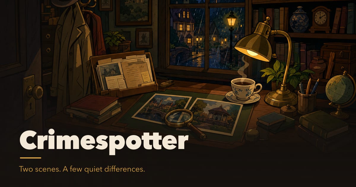 Crimespotter — a detective's desk at night, two photographs side by side under a brass lamp