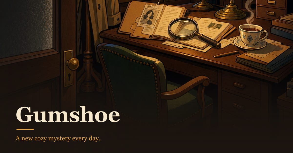 Gumshoe — a detective's desk with a case file, magnifying glass and a cup of tea