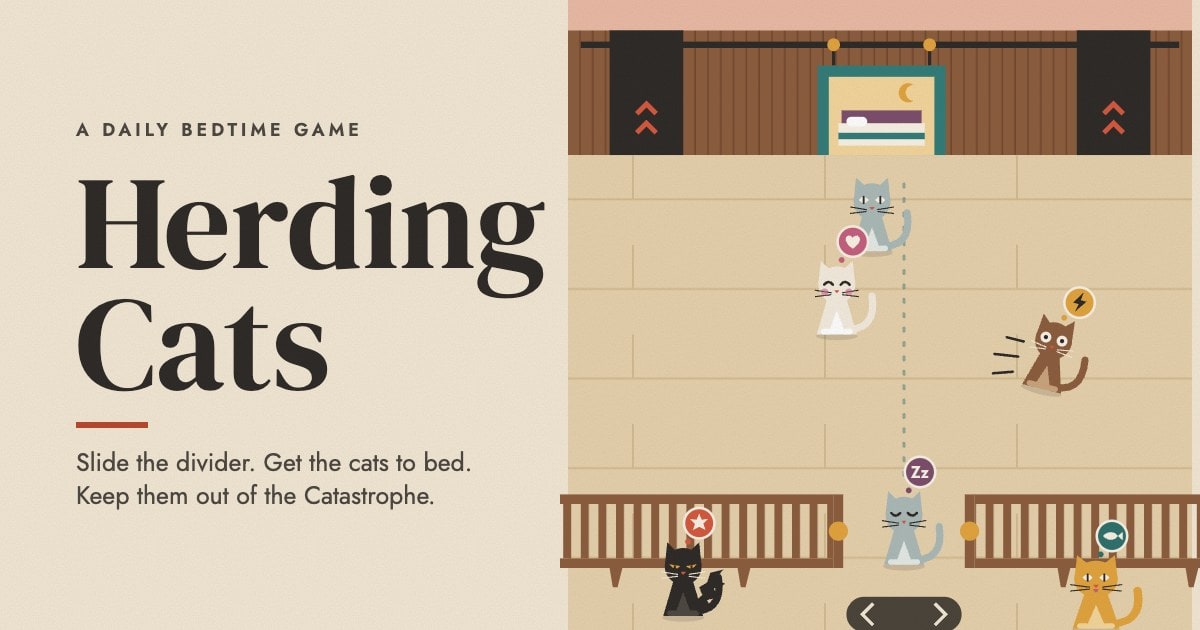 Herding Cats — flat mid-century cats walking toward a teal bedroom door in a walnut-slatted wall