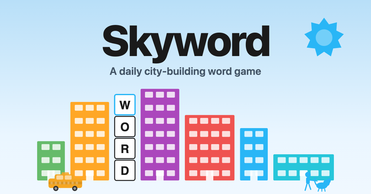 Skyword — a colourful cartoon skyline with a tower of WORD letter tiles